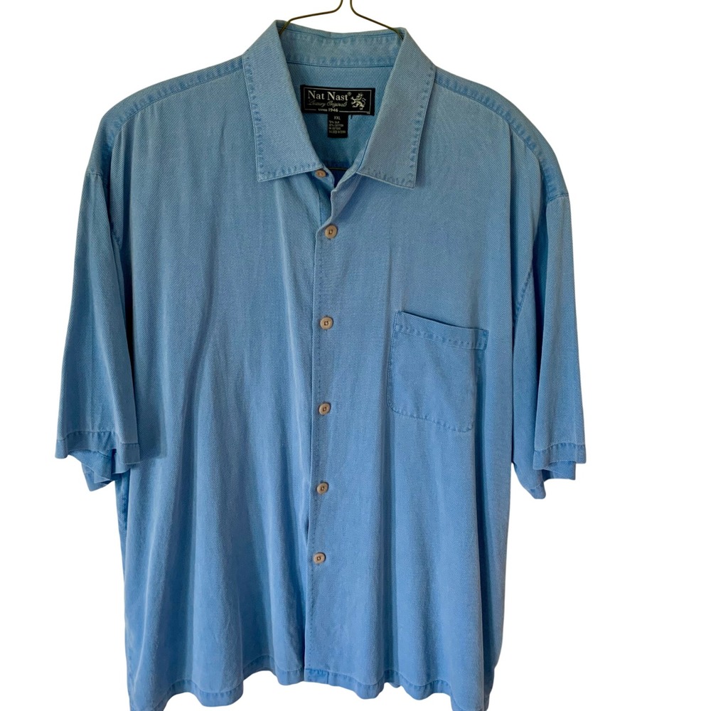 Nat Nast XXL Button Up Shirt Blue Silk Cotton Textured Short Sleeve HS10B